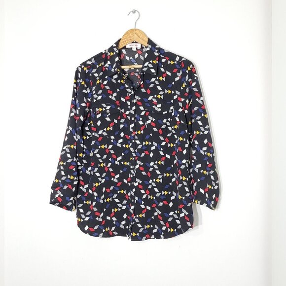 Vintage Tops - Retro Le Grenier Black Geometric Triangle Print Roll Tab Sleeve Blouse Shirt Top